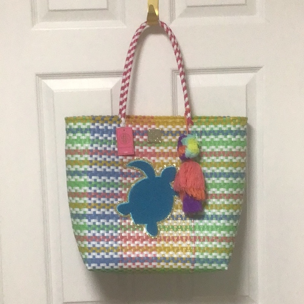 Simply Southern Multicolor Woven Tote with Blue Turtle and Pink Handles